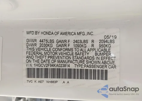 2019 Honda Accord Touring 2.0T from USA, damaged, VIN 1HGCV2F94KA023814